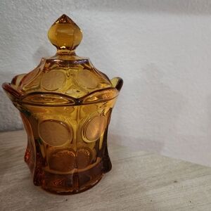 Vintage Amber Fostoria Coin Glass Dot Lidded Candy Dish